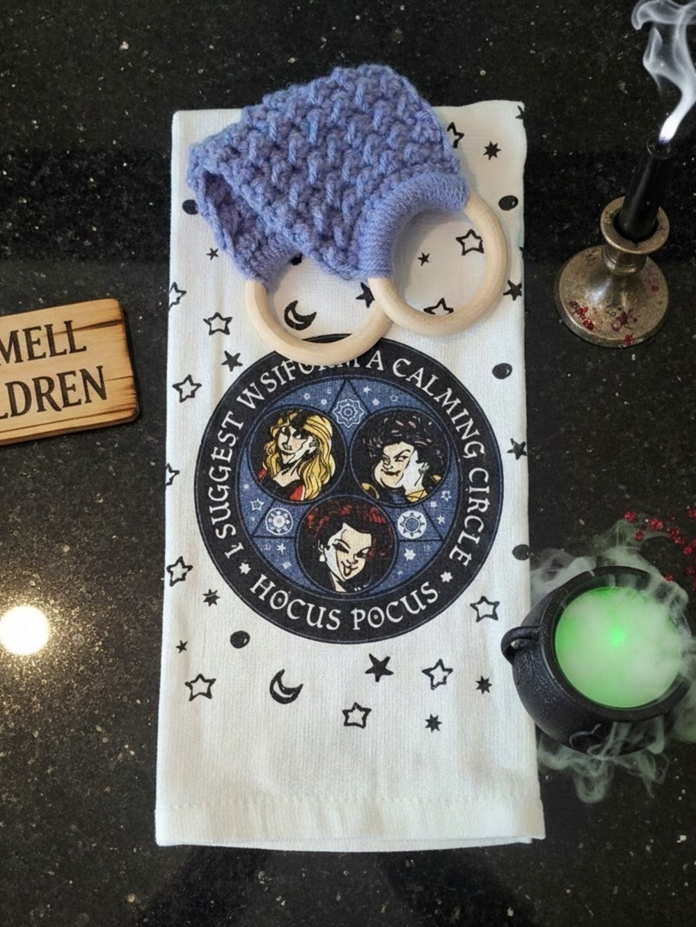 Handmade Disney Hocus Pocus Dish Towel Holder W Wooden Rings NWOT